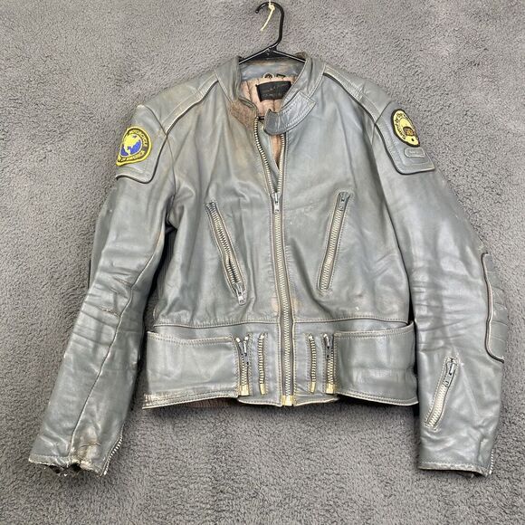 Vintage Hein Gericke Jacket Mens 44 Gray Leather Motorcycle BMW Shoei Patch 80s - Picture 1 of 16